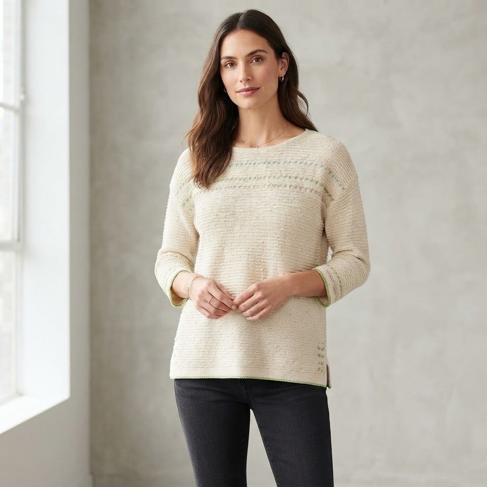 J Jill Womens Boat NeckKnit Sweater Embroidered 3/4 Sleeve Size S Boho neutral